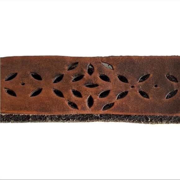 VINTAGE Brown Perforated Boho Leather Belt Silver Buckle XL - Picture 5 of 7